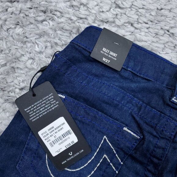 True Religion Riley Big T Raw Hem Mid Rise Bermuda Jean Shorts Dark Wash Size 27 - Picture 4 of 11